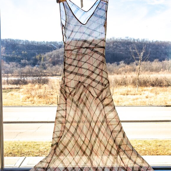 SOLD * 1930s Bias-Cut Plaid Maxi Dress w/Red Sheer Ruffle Overlay Set - Picture 17 of 17